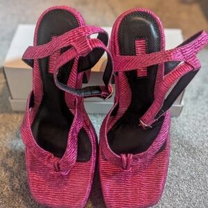 Topshop Pink Textured Strappy Square-Toe Heels